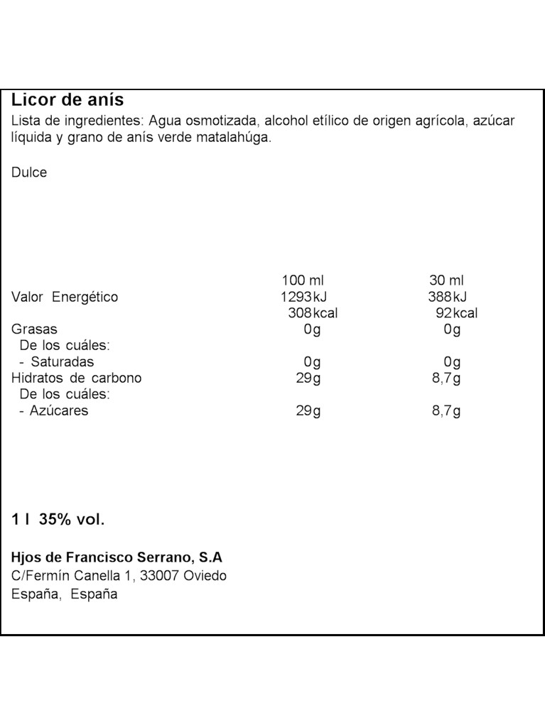 Anís Asturiana Dulce 1L